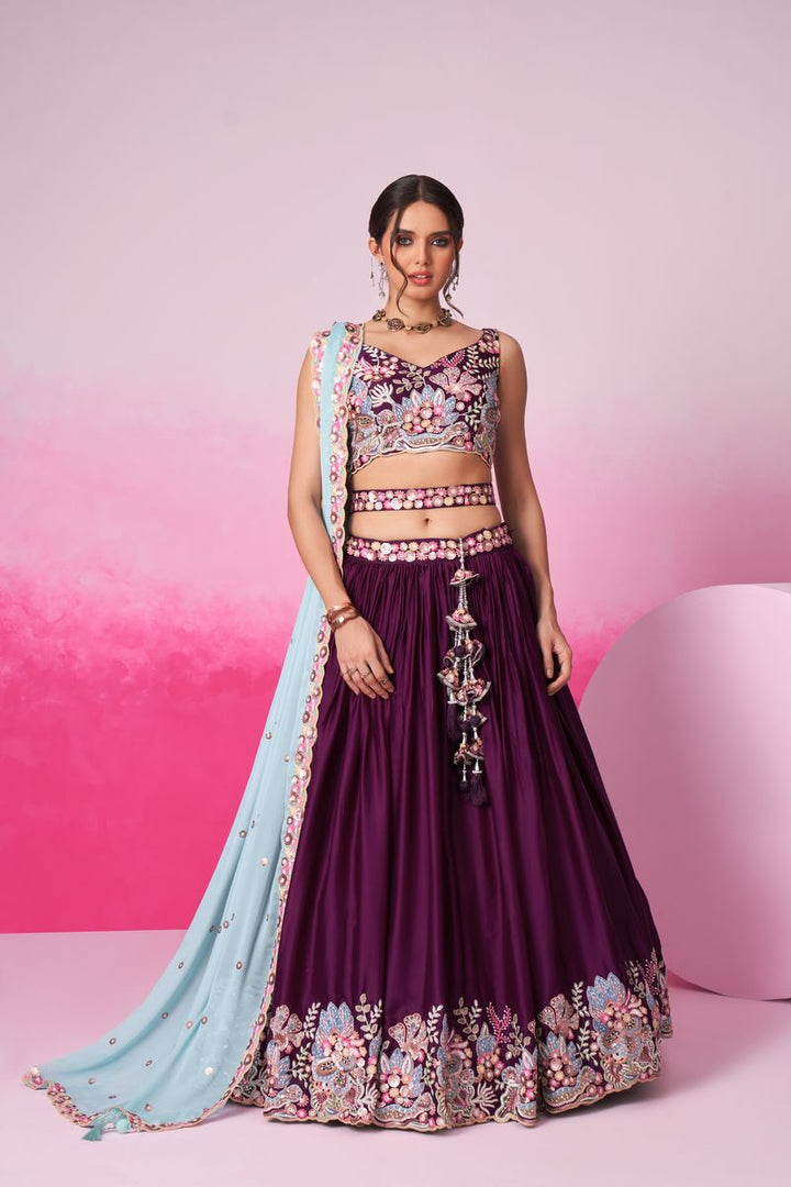 Burgundy - Heavy Embroidered Border Satin Silk Different Color Sequin-Thread Semi-Stitched Lehenga Choli