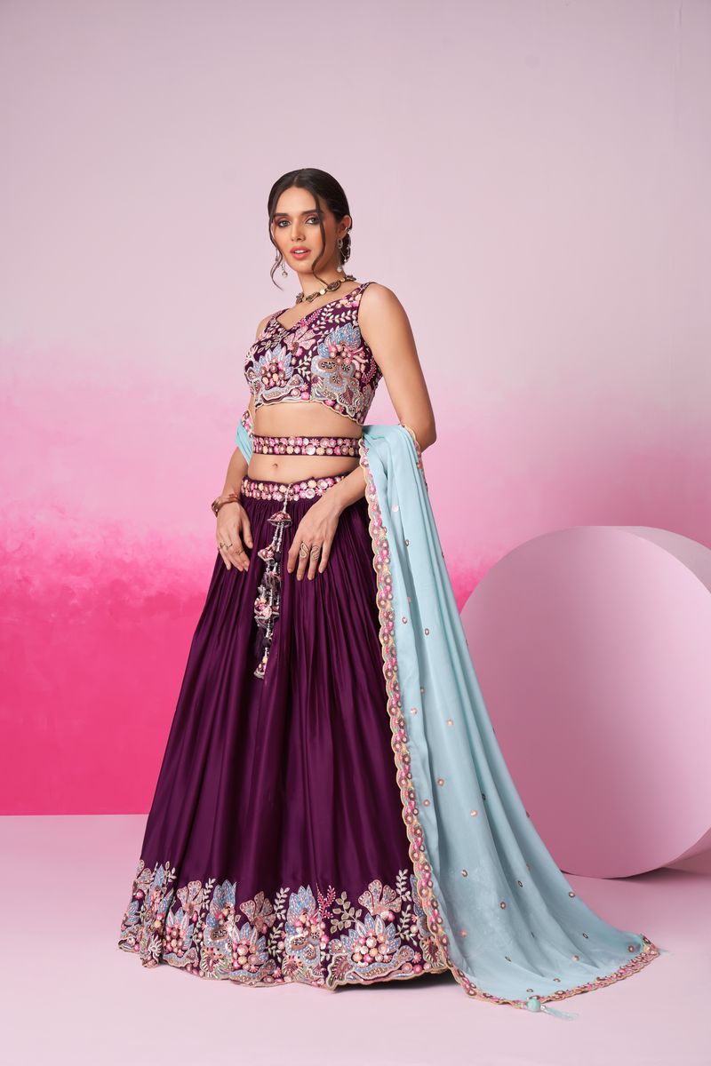 Burgundy - Heavy Embroidered Border Satin Silk Different Color Sequin-Thread Semi-Stitched Lehenga Choli