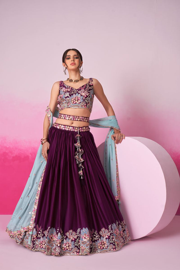 Burgundy - Heavy Embroidered Border Satin Silk Different Color Sequin-Thread Semi-Stitched Lehenga Choli