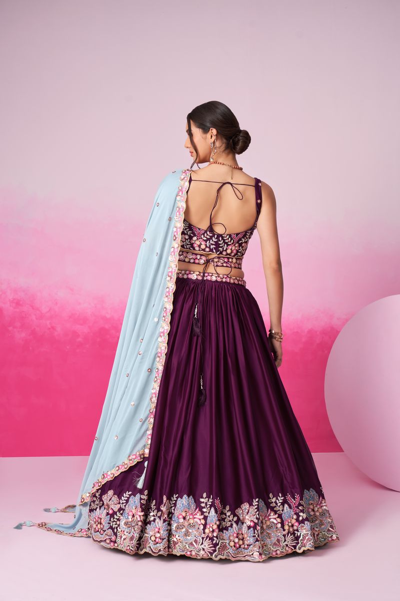 Burgundy - Heavy Embroidered Border Satin Silk Different Color Sequin-Thread Semi-Stitched Lehenga Choli