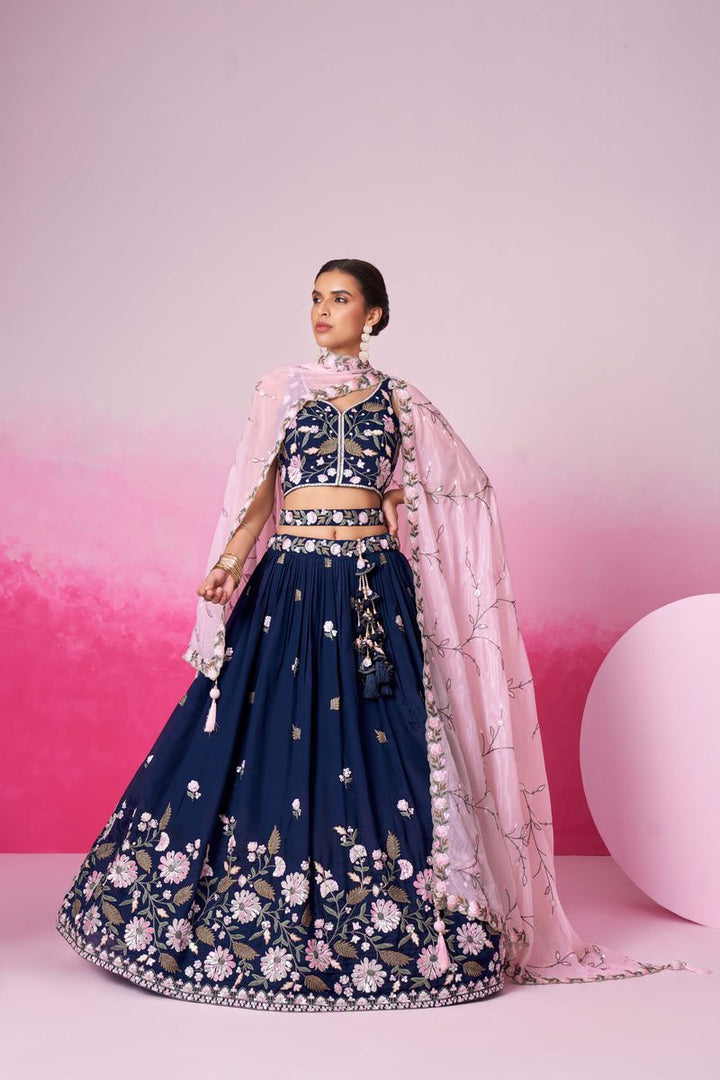 Beautiful navy blue double color sequin, thread, and coding pure organza semi-stitched lehenga choli for a stunning traditional look