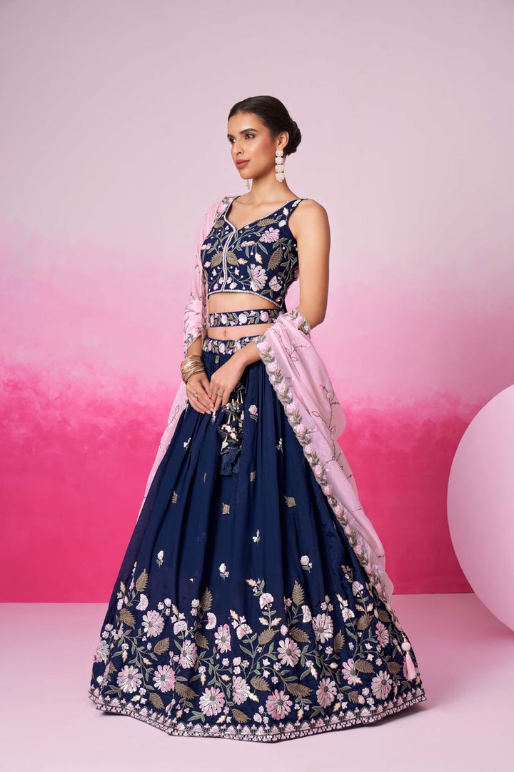 Navyblue - Double color Sequin,Thead & Coding Pure Organza Semi-Stitched Lehenga Choli