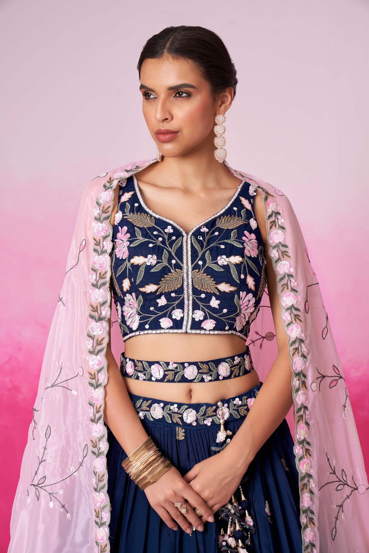 Navyblue - Double color Sequin,Thead & Coding Pure Organza Semi-Stitched Lehenga Choli