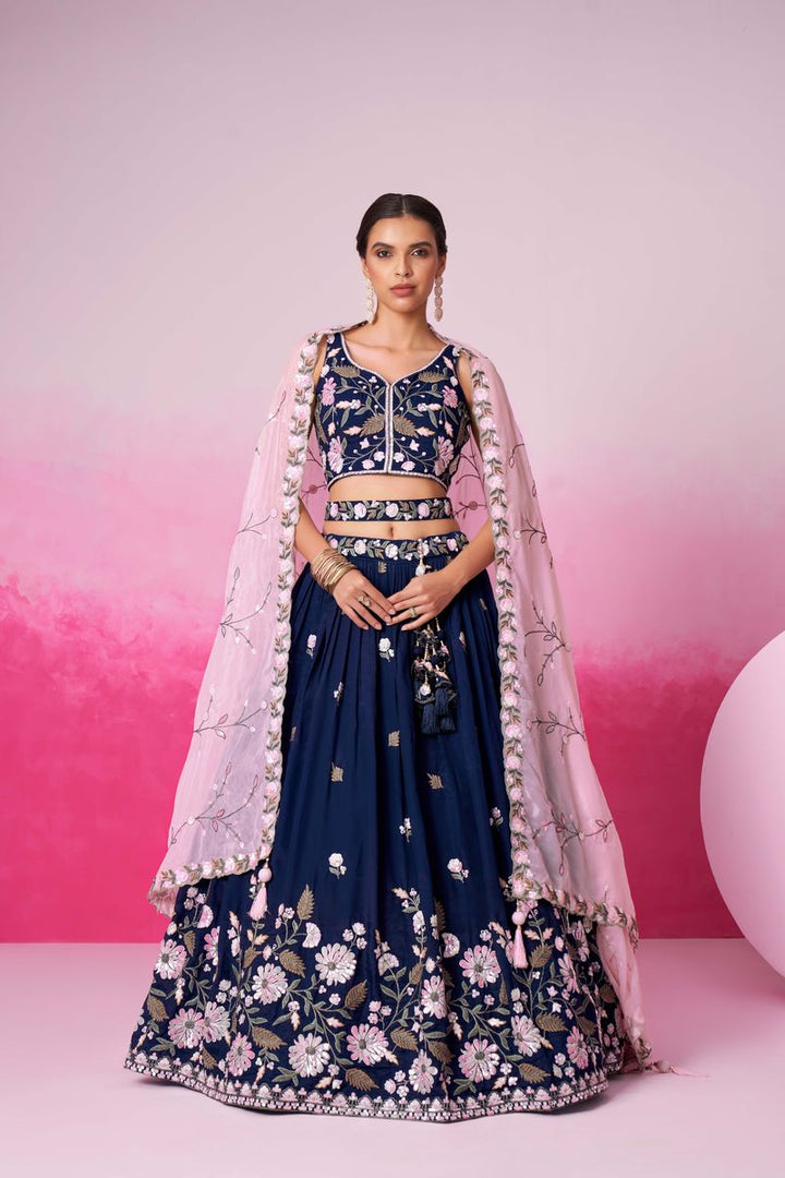 Navyblue - Double color Sequin,Thead & Coding Pure Organza Semi-Stitched Lehenga Choli