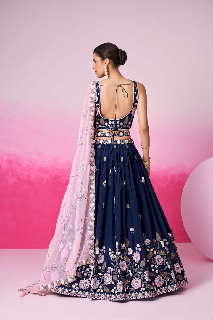 Navyblue - Double color Sequin,Thead & Coding Pure Organza Semi-Stitched Lehenga Choli