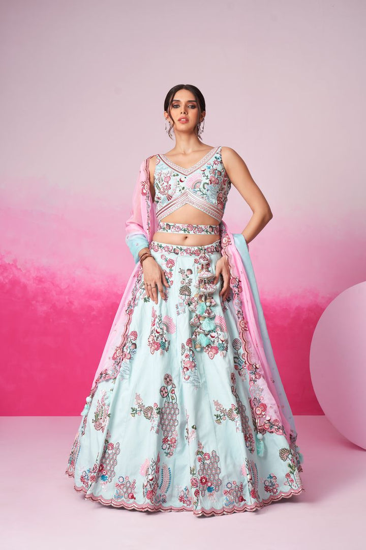 Turquoise blue Pure Silk Zarkan, Mirror & Sequin embroidery Semi-Stitched Lehenga choli & Dupatta