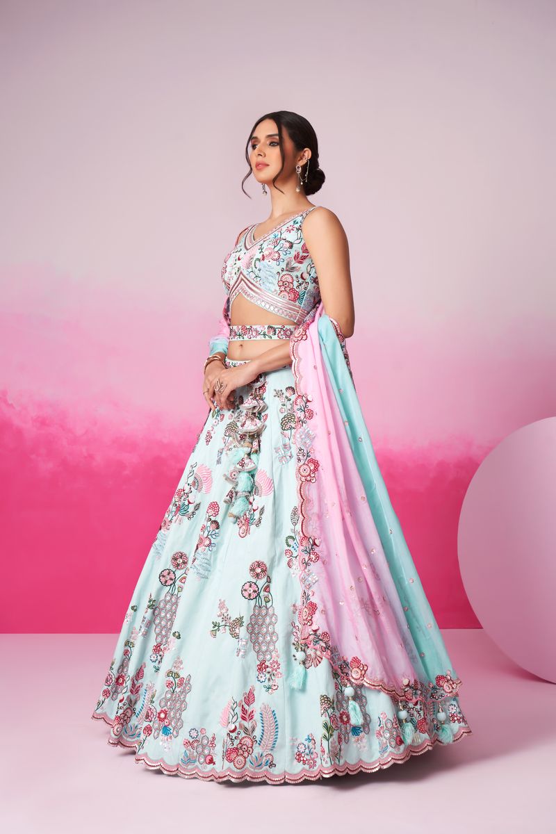 Turquoise blue Pure Silk Zarkan, Mirror & Sequin embroidery Semi-Stitched Lehenga choli & Dupatta