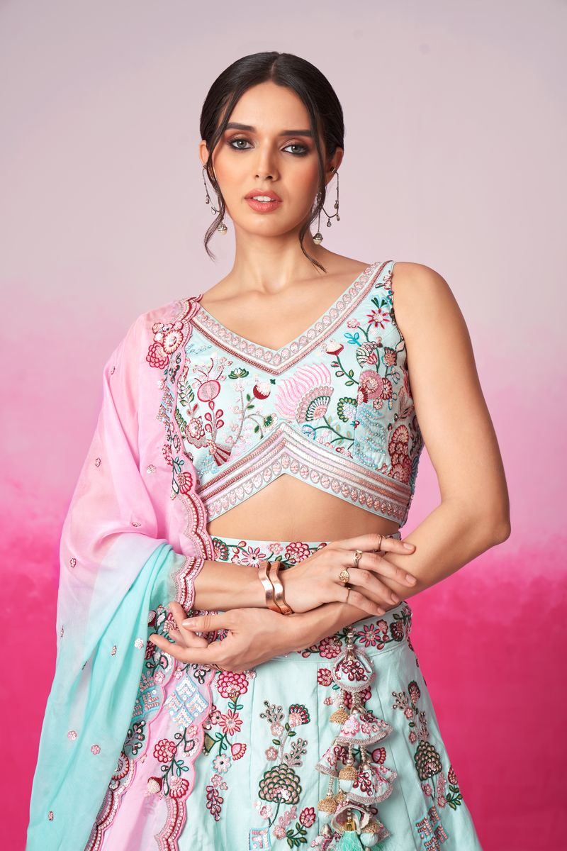 Turquoise blue Pure Silk Zarkan, Mirror & Sequin embroidery Semi-Stitched Lehenga choli & Dupatta