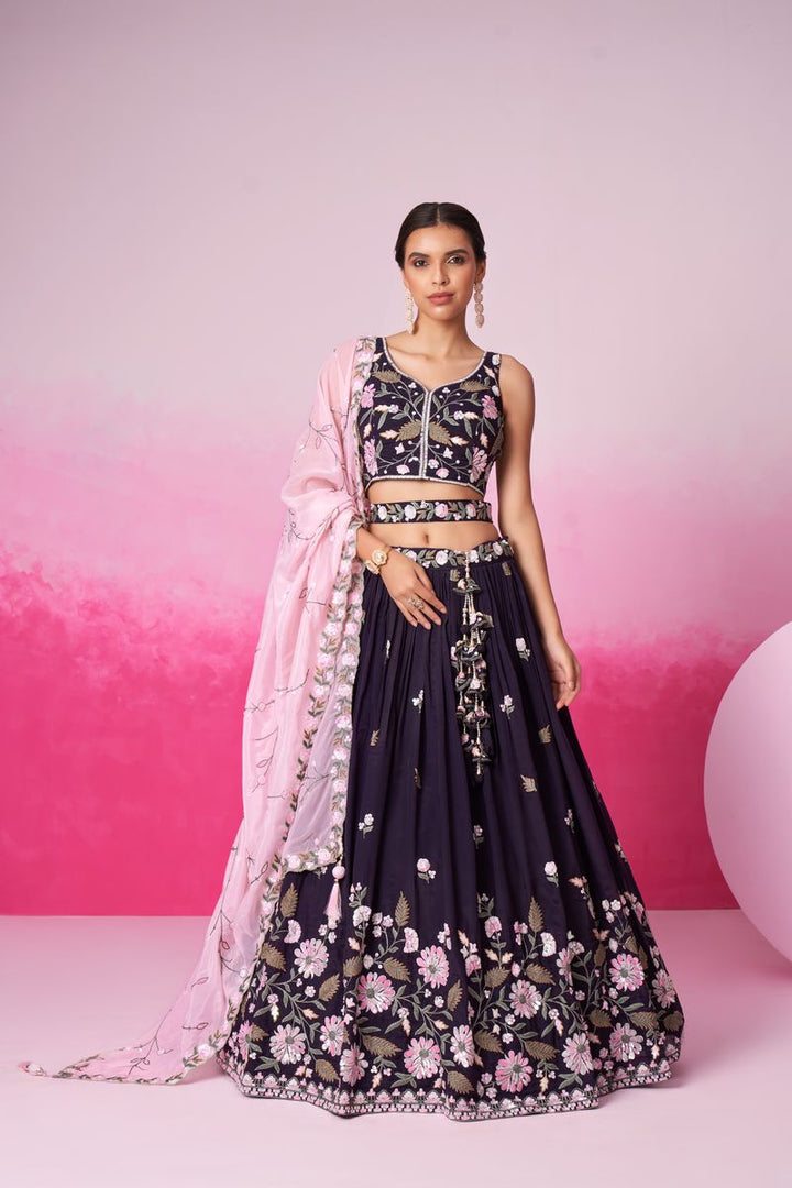 Purple - Double color Sequin,Thead & Coding Pure Organza Semi-Stitched Lehenga Choli