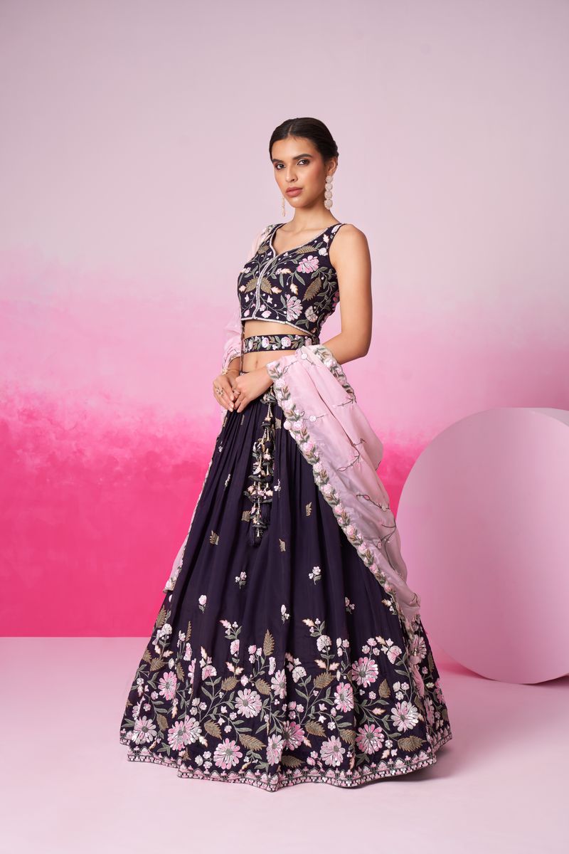  Semi-stitched purple lehenga with intricate sequin and coding details