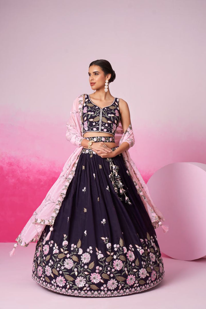 Purple - Double color Sequin,Thead & Coding Pure Organza Semi-Stitched Lehenga Choli