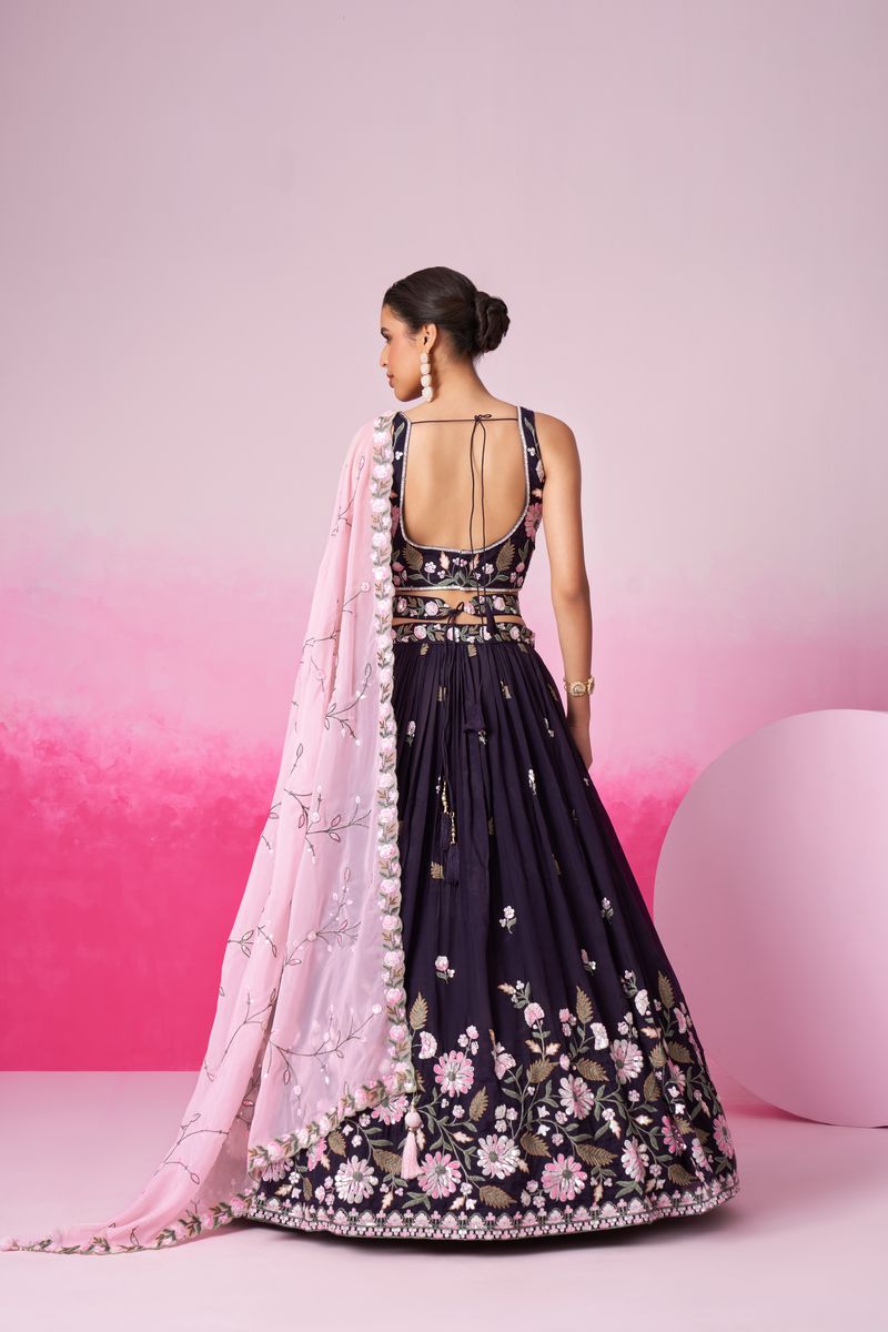 Purple - Double color Sequin,Thead & Coding Pure Organza Semi-Stitched Lehenga Choli