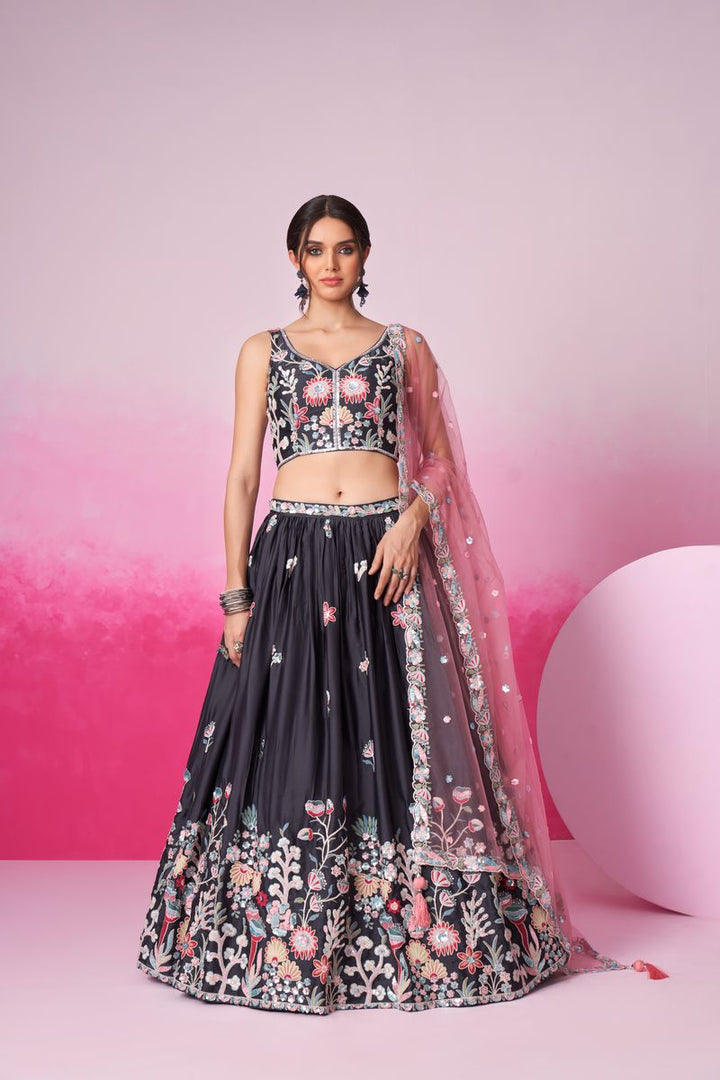 Grey - Satin Silk Embroidered with Multi Color Sequin-Thread Semi-Stitched Lehenga Choli