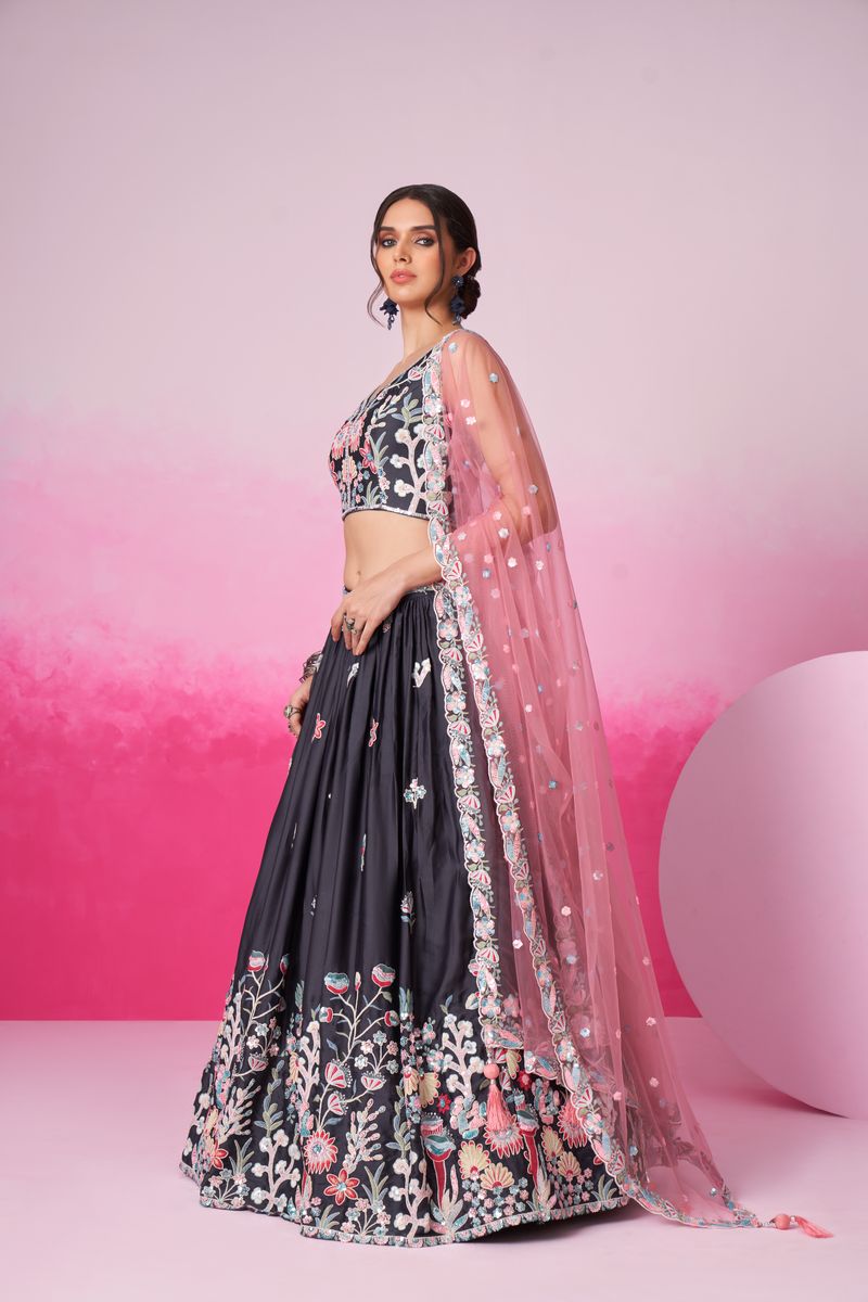 Semi-Stitched Grey Lehenga Choli with Intricate Embroidery