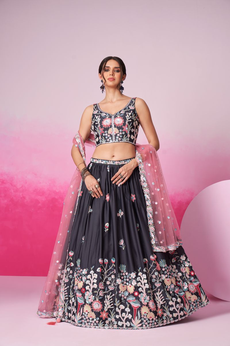 Grey - Satin Silk Embroidered with Multi Color Sequin-Thread Semi-Stitched Lehenga Choli