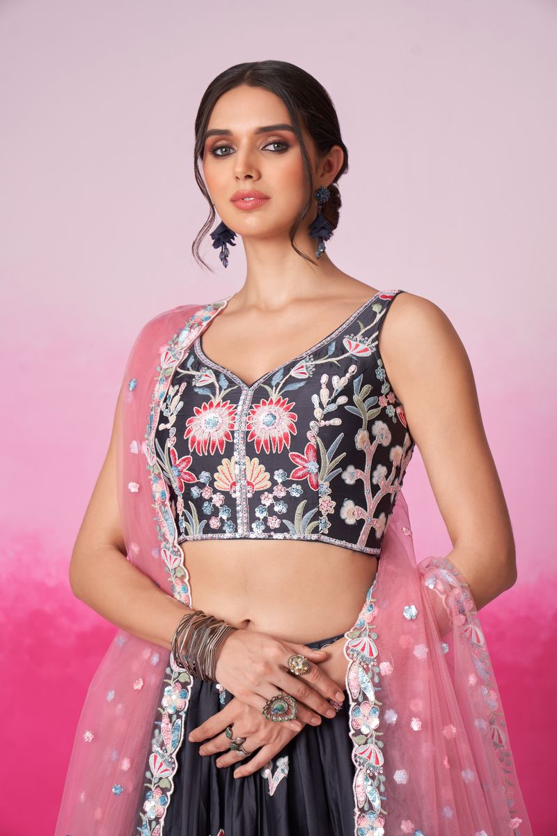 Beautiful Grey Silk Lehenga Choli with Multi Color Sequin Embellishments