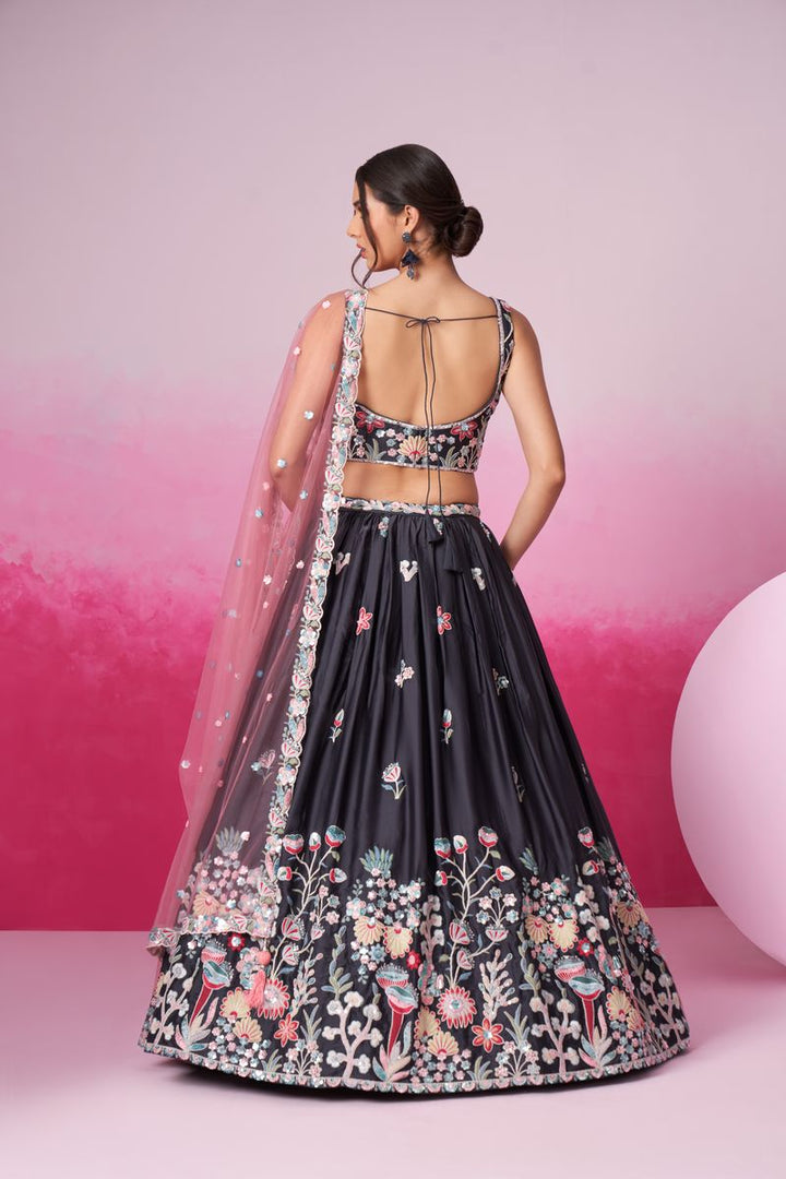 Grey - Satin Silk Embroidered with Multi Color Sequin-Thread Semi-Stitched Lehenga Choli