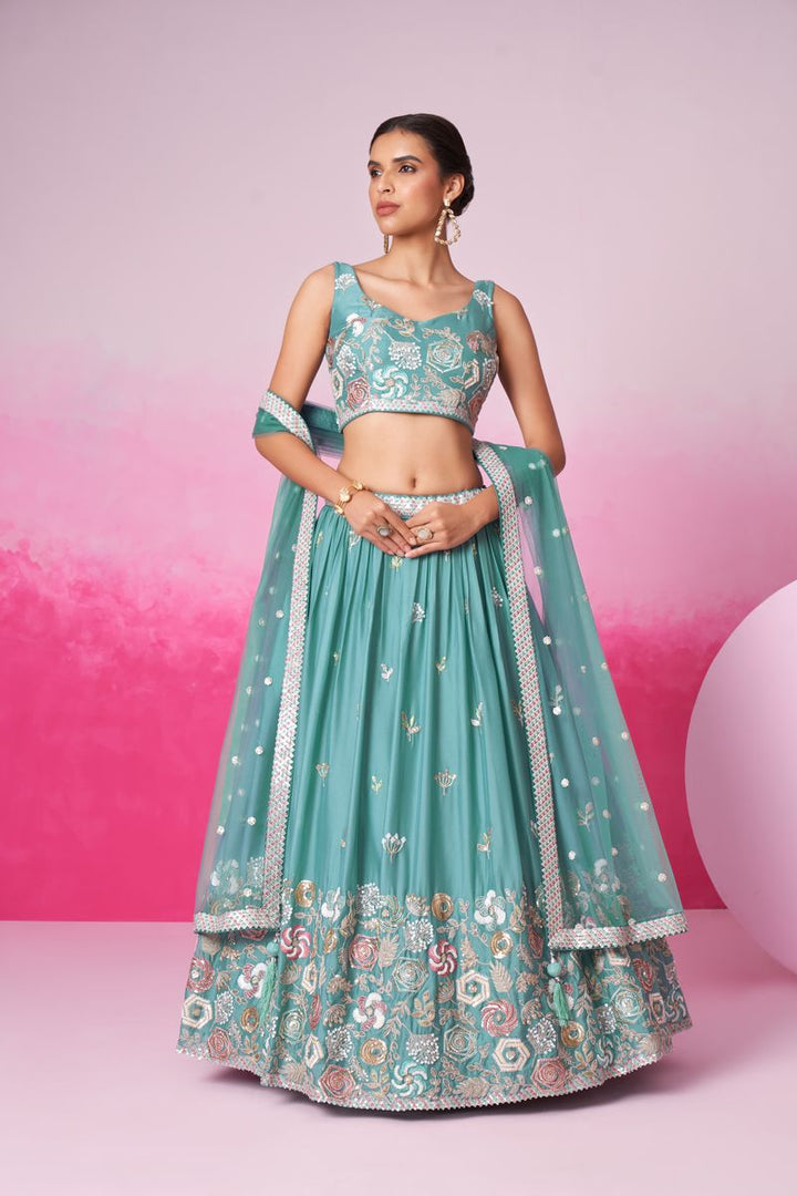 Turquois Blue Pure Georgette Sequins embroidery Semi-Stitched Lehenga choli & Dupatta