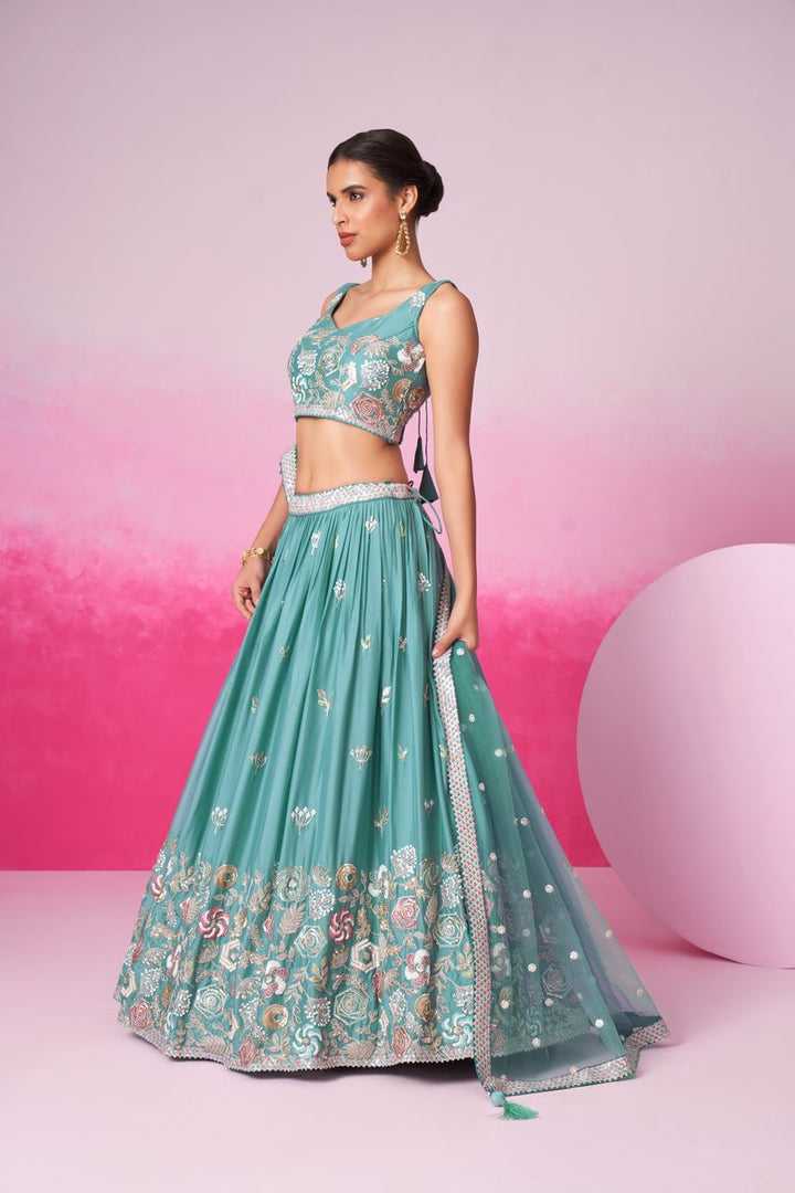 Turquois Blue Pure Georgette Sequins embroidery Semi-Stitched Lehenga choli & Dupatta