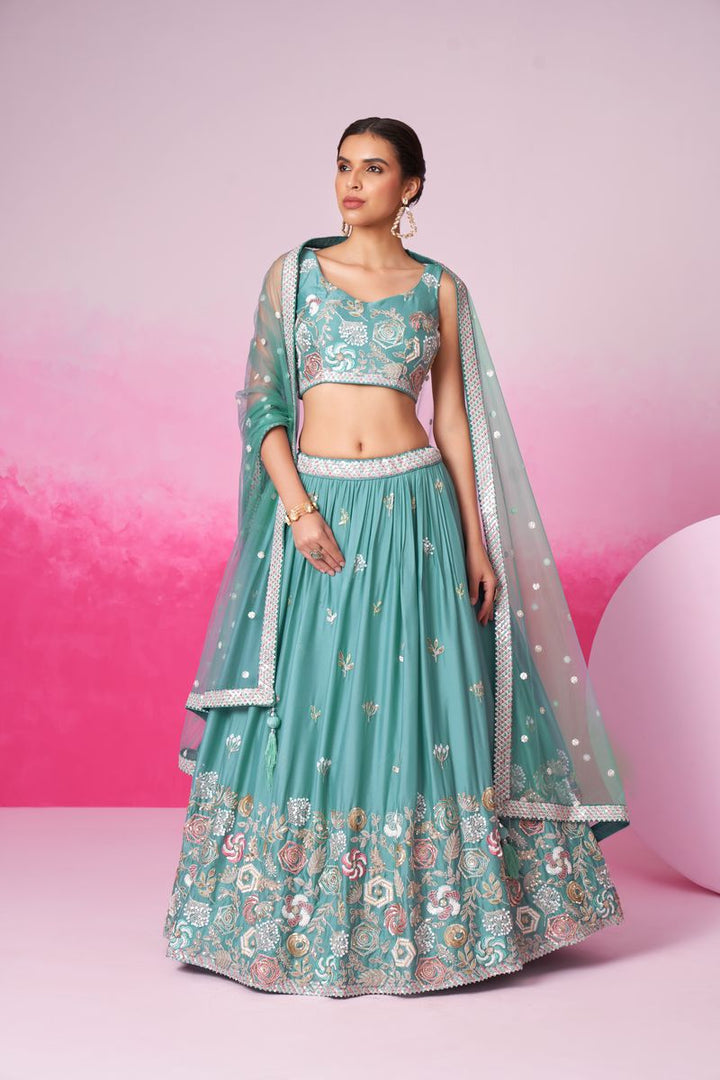 Turquois Blue Pure Georgette Sequins embroidery Semi-Stitched Lehenga choli & Dupatta