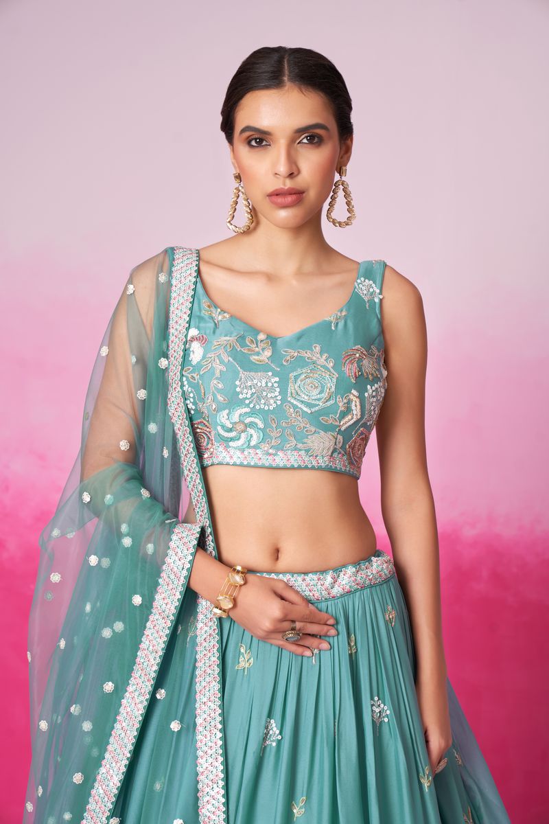 Turquois Blue Pure Georgette Sequins embroidery Semi-Stitched Lehenga choli & Dupatta