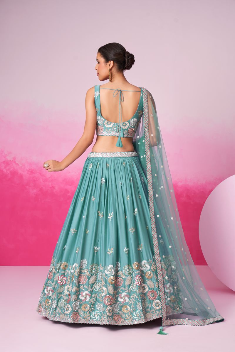 Turquois Blue Pure Georgette Sequins embroidery Semi-Stitched Lehenga choli & Dupatta