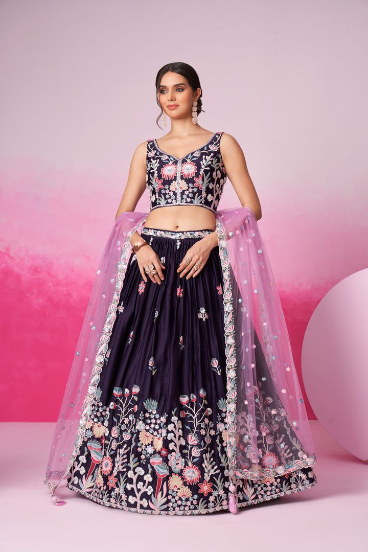 Purple - Satin Silk Embroidered with Multi Color Sequin-Thread Semi-Stitched Lehenga Choli