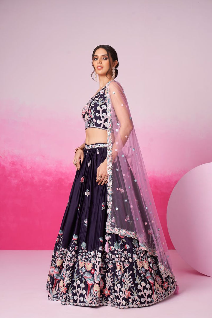 Purple - Satin Silk Embroidered with Multi Color Sequin-Thread Semi-Stitched Lehenga Choli