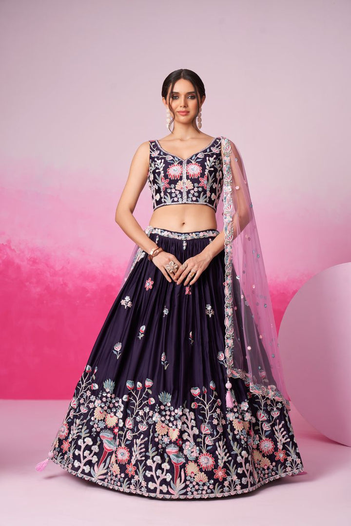 Purple - Satin Silk Embroidered with Multi Color Sequin-Thread Semi-Stitched Lehenga Choli