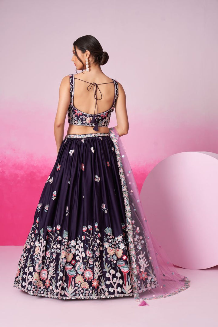 Purple - Satin Silk Embroidered with Multi Color Sequin-Thread Semi-Stitched Lehenga Choli