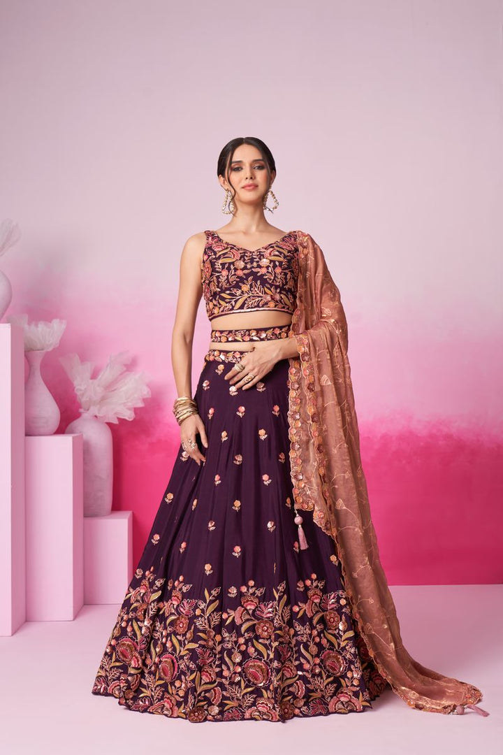 Burgundy colour Chiffon Sequins embroidery Semi-Stitched Lehenga choli & Dupatta