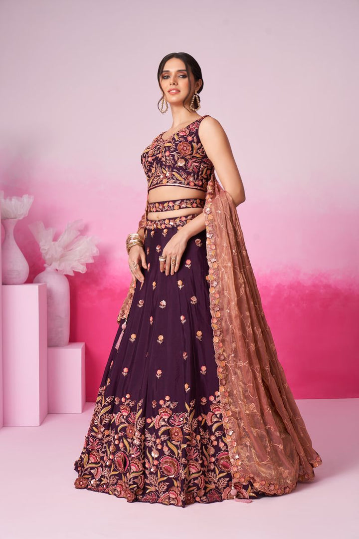 Burgundy colour Chiffon Sequins embroidery Semi-Stitched Lehenga choli & Dupatta