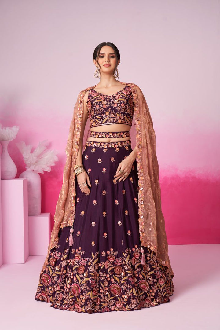 Burgundy colour Chiffon Sequins embroidery Semi-Stitched Lehenga choli & Dupatta