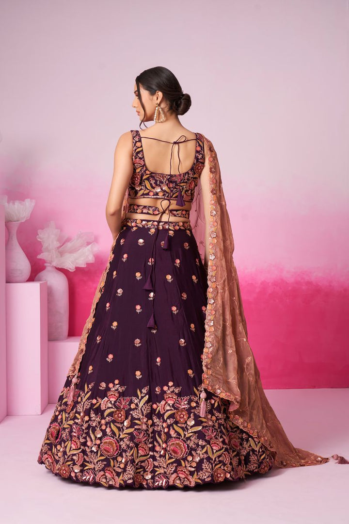 Burgundy colour Chiffon Sequins embroidery Semi-Stitched Lehenga choli & Dupatta