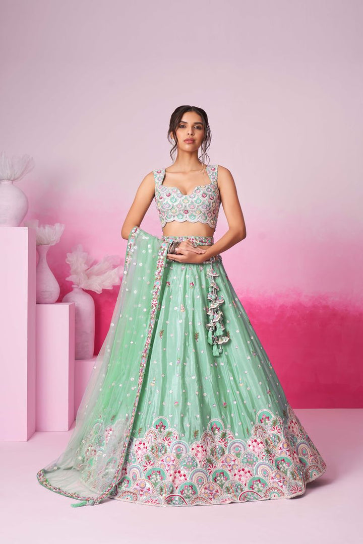 Sea Green Pure Chiffon Sequins and thread embroidery Semi-Stitched Lehenga choli & Dupatta