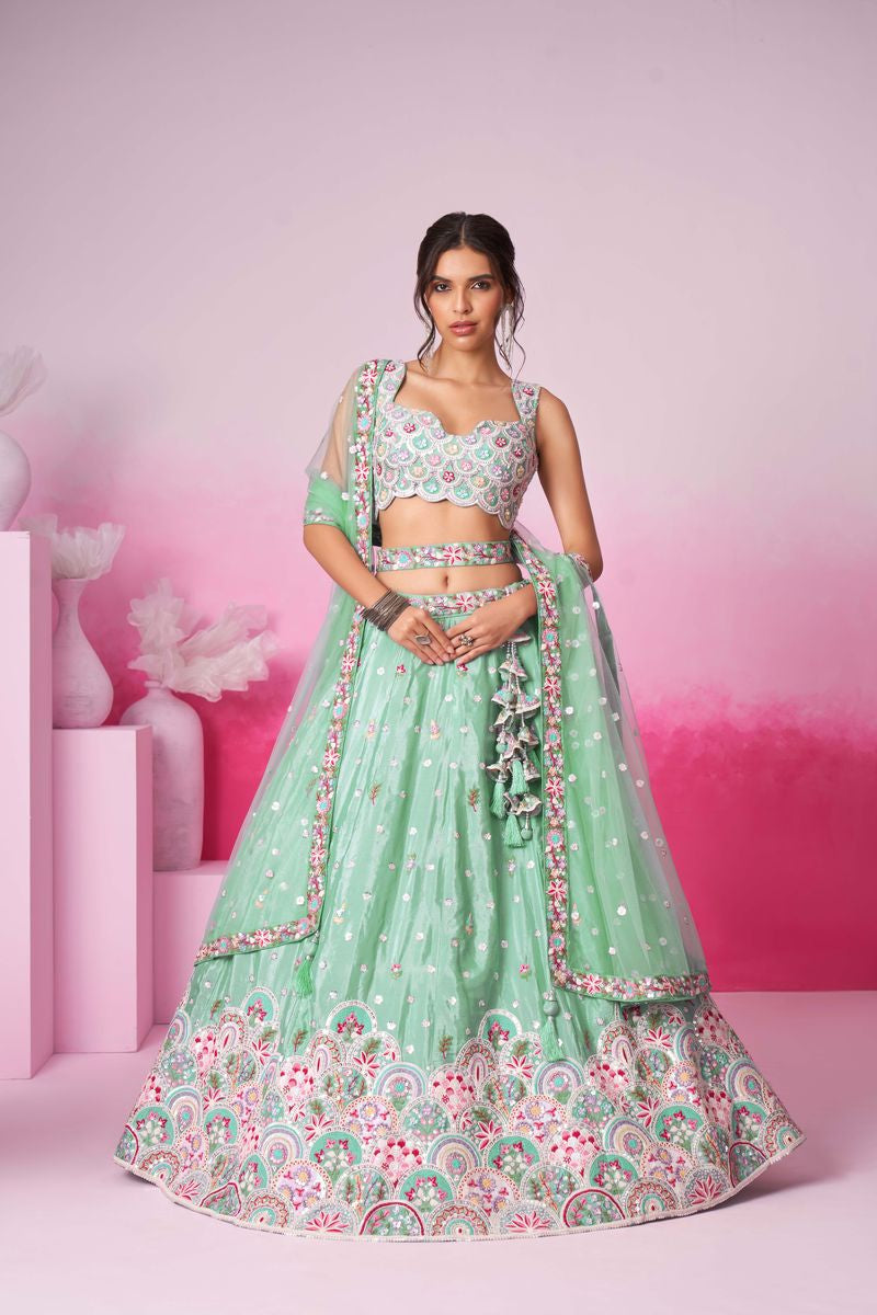 Sea Green Pure Chiffon Sequins and thread embroidery Semi-Stitched Lehenga choli & Dupatta