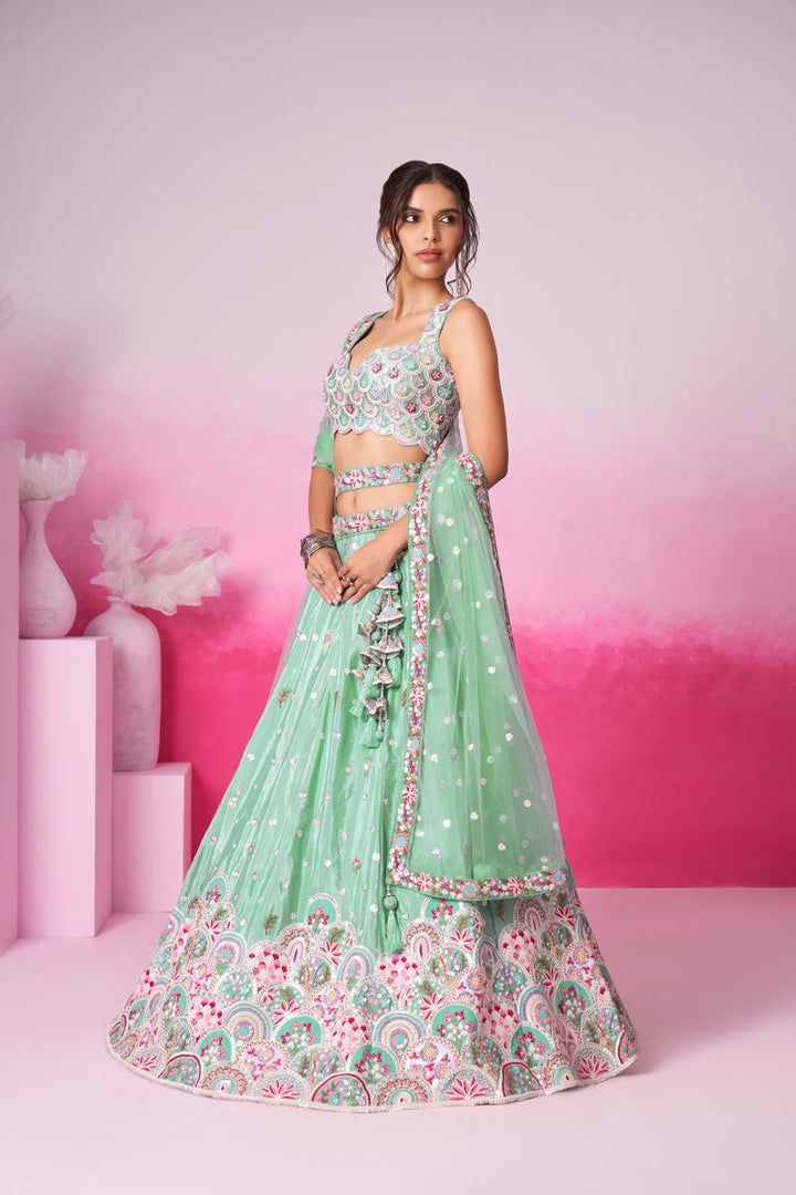 Sea Green Pure Chiffon Sequins and thread embroidery Semi-Stitched Lehenga choli & Dupatta