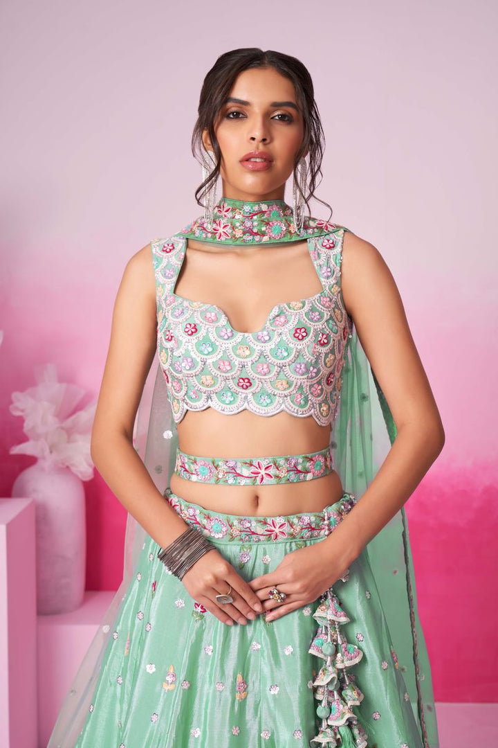 Sea Green Pure Chiffon Sequins and thread embroidery Semi-Stitched Lehenga choli & Dupatta