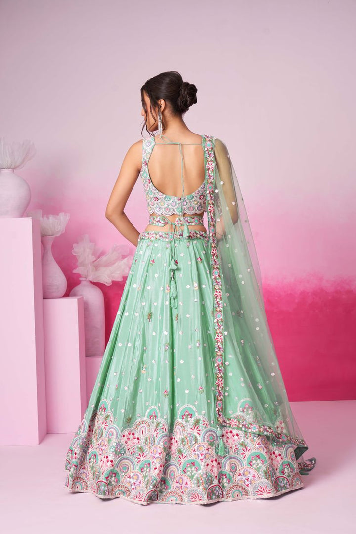 Sea Green Pure Chiffon Sequins and thread embroidery Semi-Stitched Lehenga choli & Dupatta