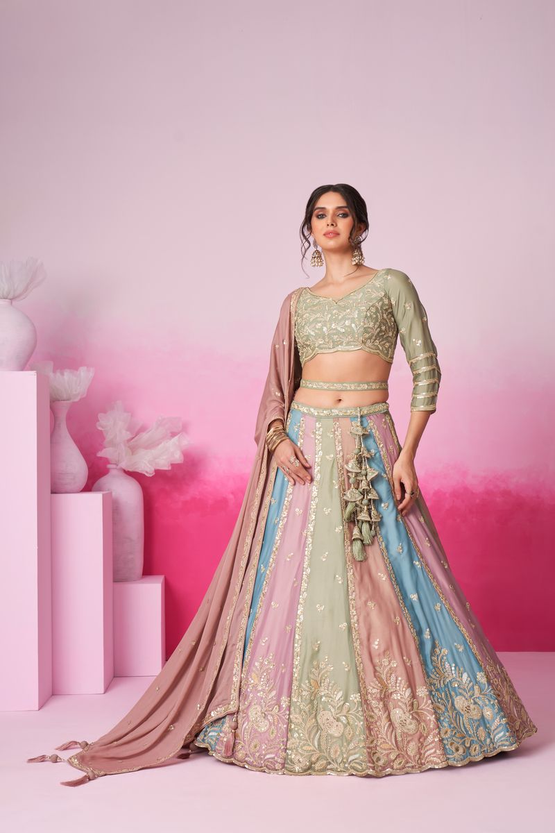 Limegreen - Multi Color Kali Pure Georgette Golden Sequined, Thread, Coding Embroidered Semi-Stitched Lehenga choli showcasing intricate hand-embroidery and vibrant color palette