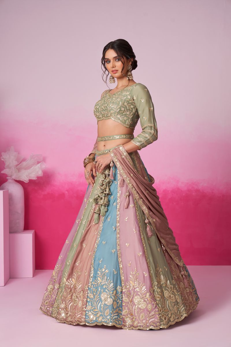 Limegreen - Multi Color Kali Pure Georgette Golden Sequined,Thread,Coding Embroidered Semi-Stitched Lehenga choli for a stunning ethnic look