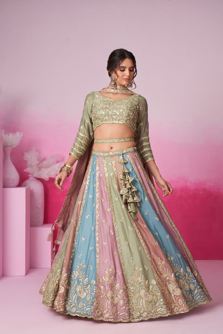 Limegreen multi color kali pure georgette golden sequined, thread, coding embroidered semi-stitched lehenga choli with intricate detailing and elegant design