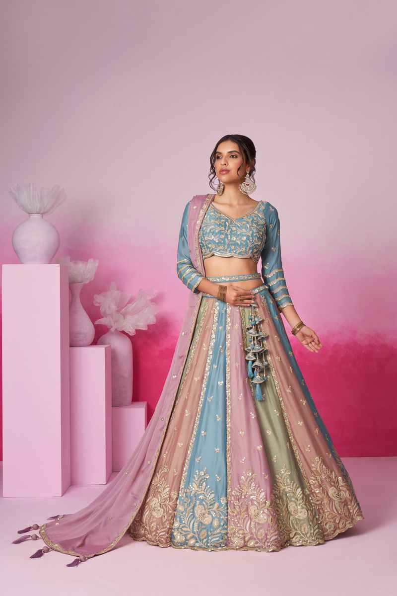 Turquoise Blue Georgette Lehenga choli with Golden Sequin Embroidery