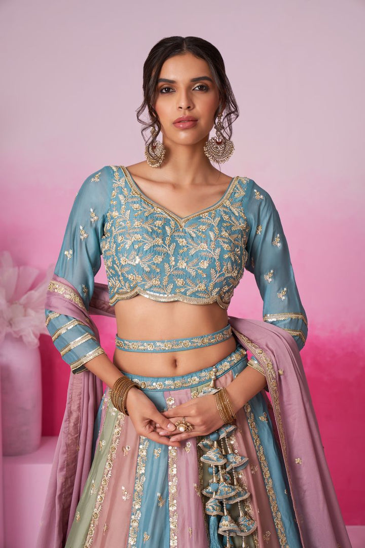 Turquoise Blue Semi-Stitched Lehenga choli with Coding Embroidery