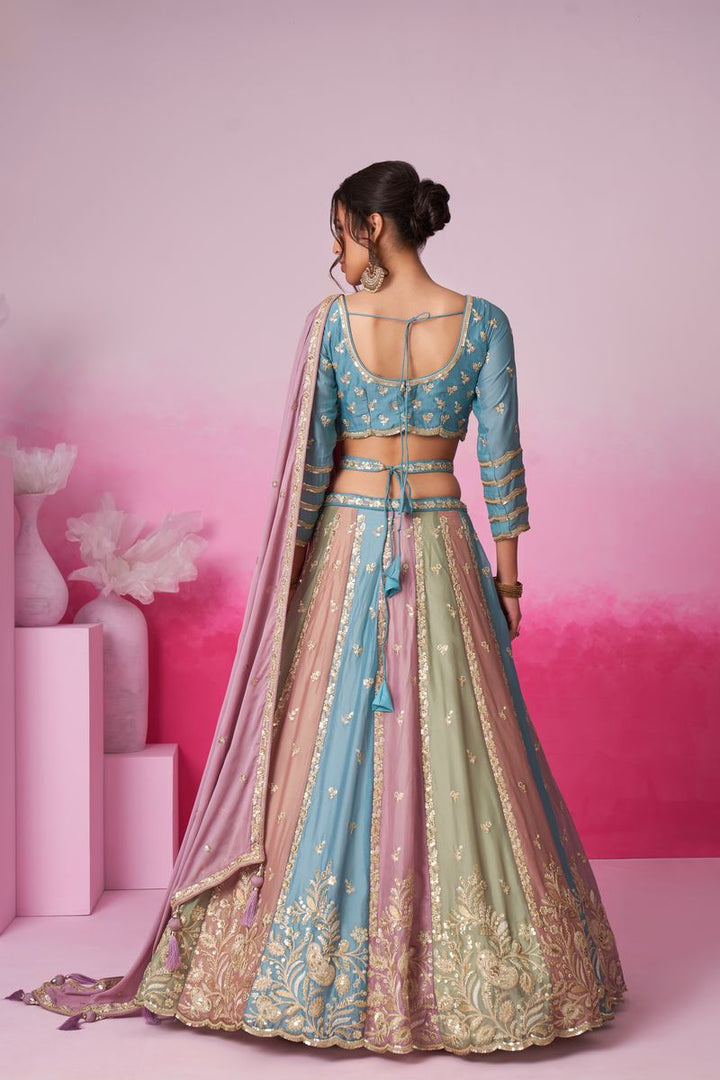 Turquoise Blue Georgette Lehenga choli with Golden Sequined Embroidery