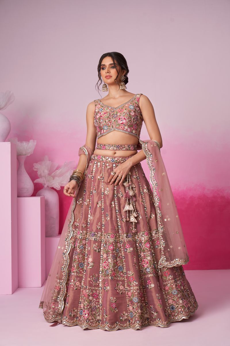 Semi-stitched Bridal Lehenga Choli with exquisite Rose gold embroidery