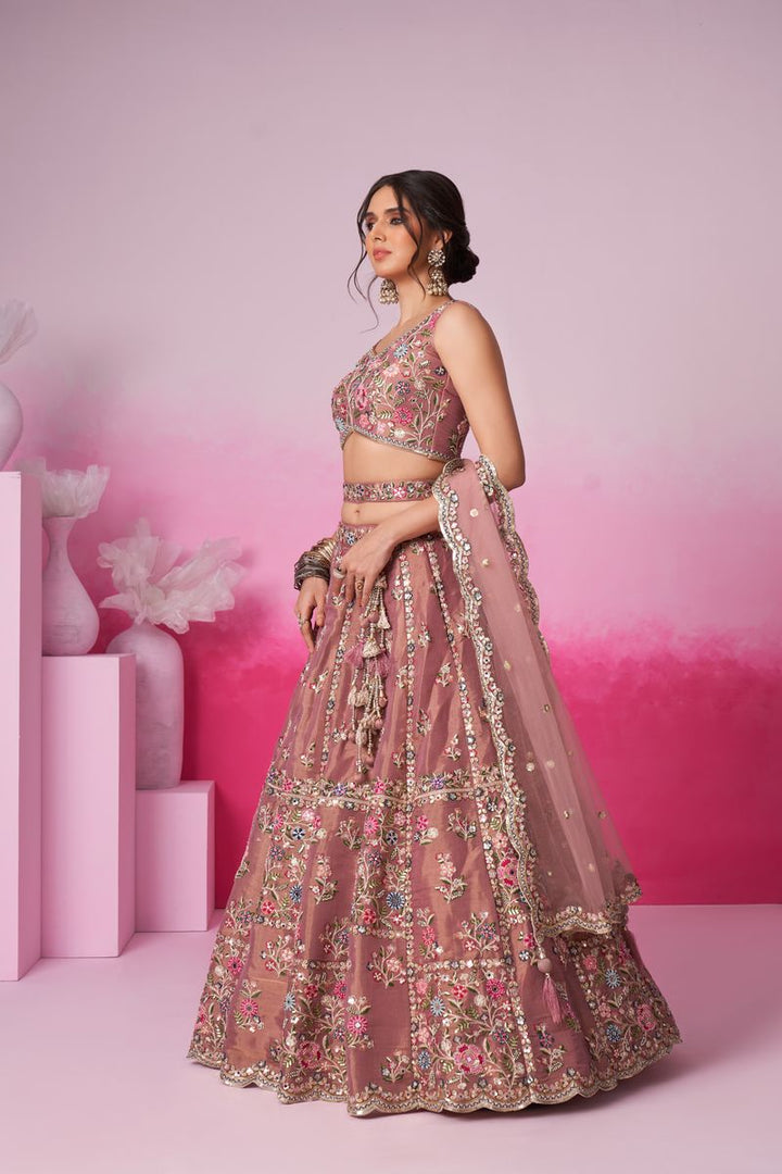 Elegant Rose gold Bridal Lehenga Choli with Net Moti and Sequins