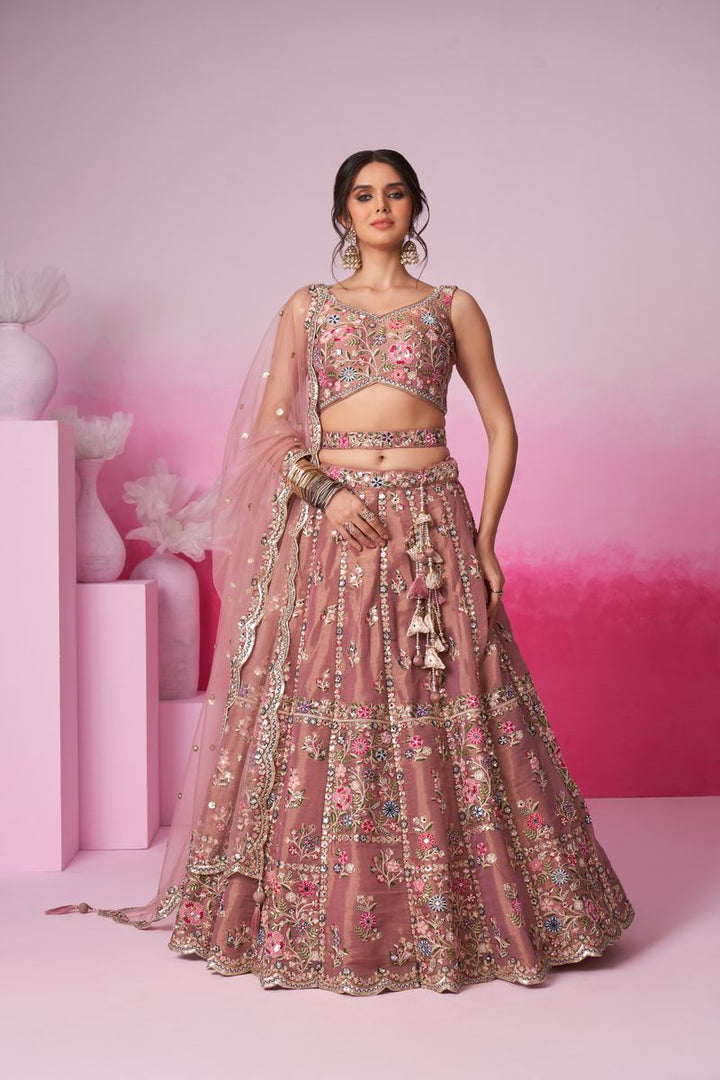 Rose gold Bridel Net Moti, Sequins embroidery Semi-Stitched Bridel Lehenga choli & Dupatta