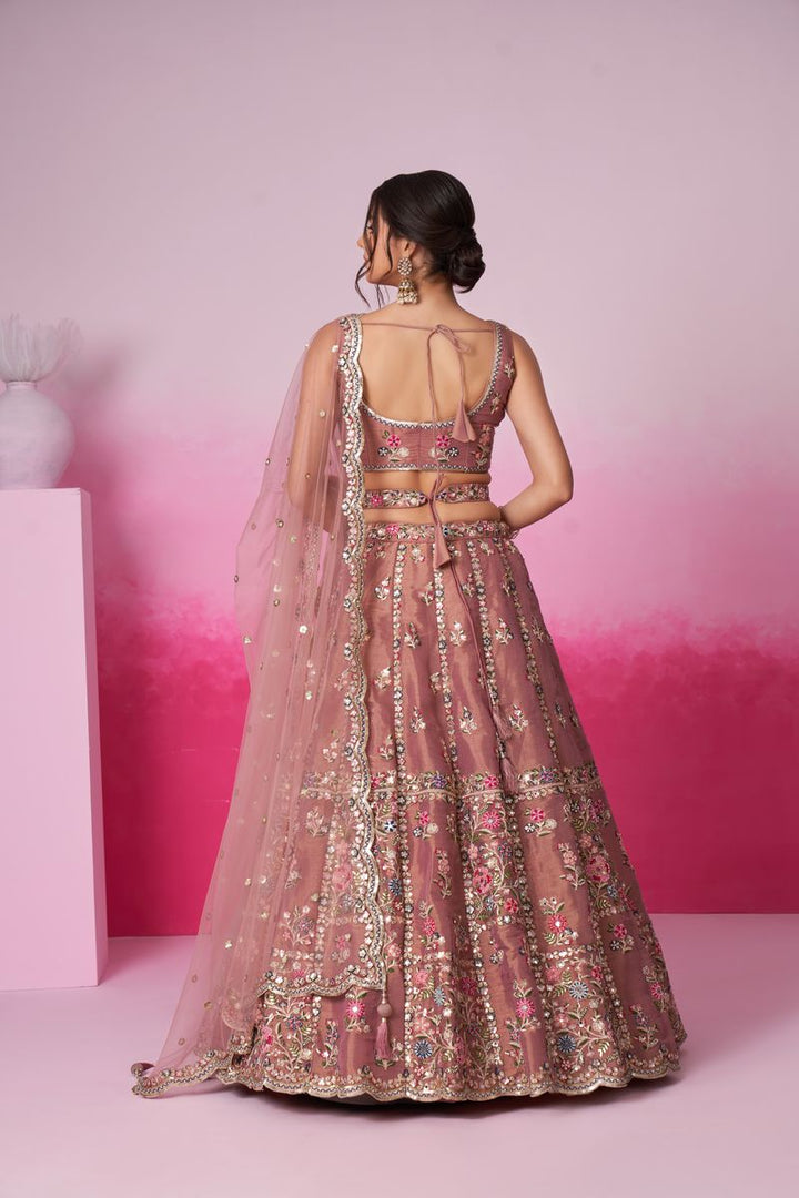 Rose gold Bridel Net Moti, Sequins embroidery Semi-Stitched Bridel Lehenga choli & Dupatta