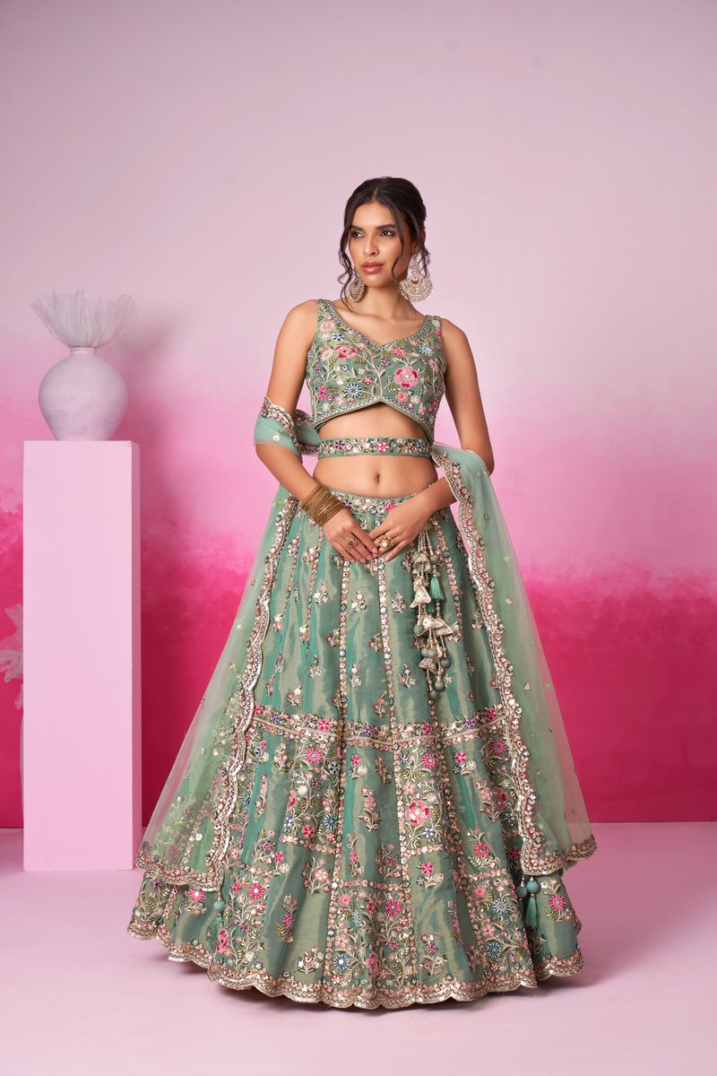 Sea green Bridel Net Moti, Sequins embroidery Semi-Stitched Bridel Lehenga choli & Dupatta for elegant wedding attire